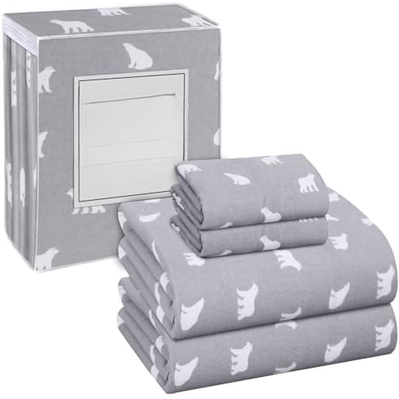 Flannel Sheets Full Size - GOTS Certified 100% Organic Cotton, 4 Piece Warm, Soft & Breathable Set, Deep Pocket Snug Fit, Double Brushed Cozy All Season Bedding, Baby Bear