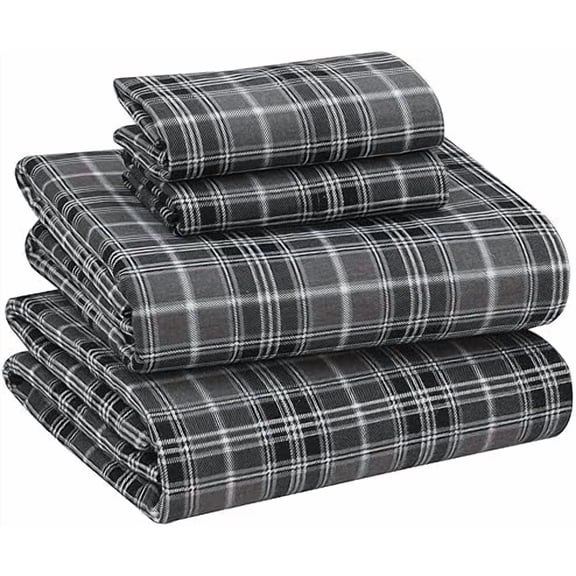 Flannel Sheets King Size - 100% Cotton Brushed King Size Sheets Set - Deep Pockets 16 Inches Bed Sheets - All Seasons Breathable & Extra Soft - Warm & Cozy, 4 Piece, Grey Plaid