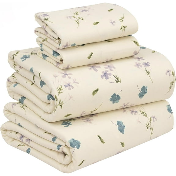 Flannel Sheets King Size - 100% Cotton Double Brushed King Size Sheets Set - Deep Pockets 16 Inches Bed Sheets - All Seasons Breathable & Extra Soft - Warm & Cozy, 4 Piece, Jasmine Stamp Cream