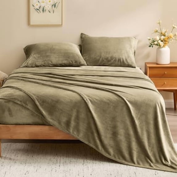 Flannel Sheets King Size Camel - Super Soft Fleece Sheets Set Fluffy Extra Plush, 4 Piece(Include Fitted Sheet, Flat Sheet, 2 Pillowcases)