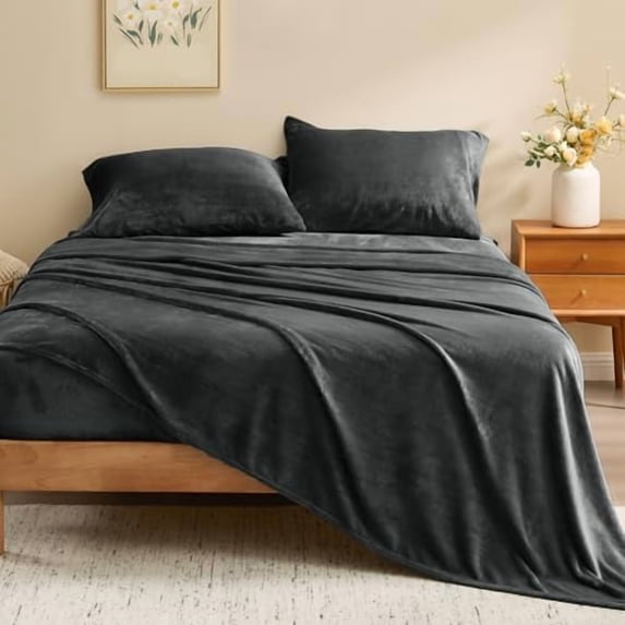Flannel Sheets King Size Dark Grey - Super Soft Fleece Sheets Set Fluffy Extra Plush, 4 Piece(Include Fitted Sheet, Flat Sheet, 2 Pillowcases)