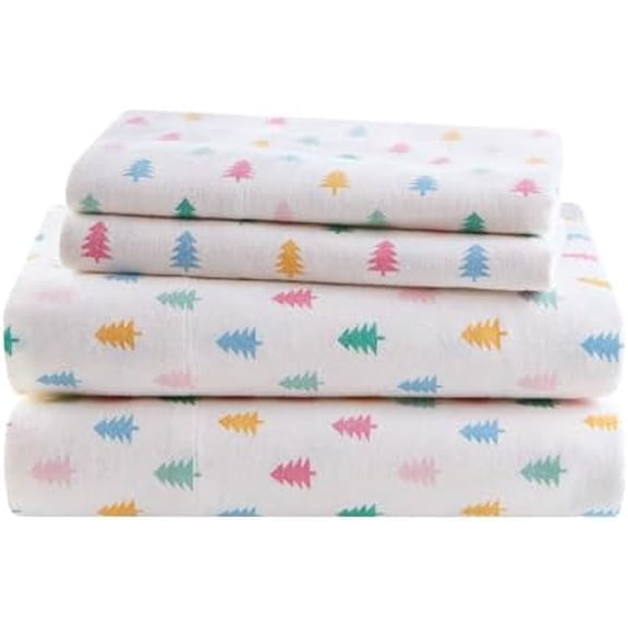 Flannel Sheets Queen, Cozy Soft 100% Cotton Flannel Bedding, Printed Warm Queen Sheets Set, Ultra Soft Cold Weather Bed Sheet Set, Tree Block, 4 Piece