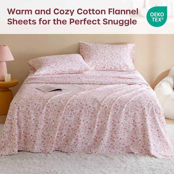 Flannel Sheets Queen, Cozy Soft  Cotton Flannel Bedding, Printed Warm Queen Sheets Set, Ultra Soft Cold Weather Bed Sheet Set, Holiday Doodles, 4 Piece