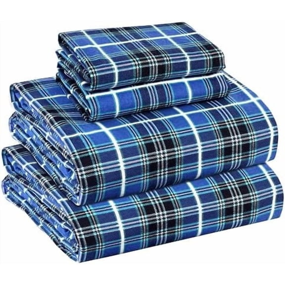 Flannel Sheets Queen Size - 100% Cotton Double Brushed Bed Sheets, Deep Pockets 16 Inches Queen Sheet Set, All Seasons Breathable & Extra Soft - Warm & Cozy, 4 Piece, Blue Plaid