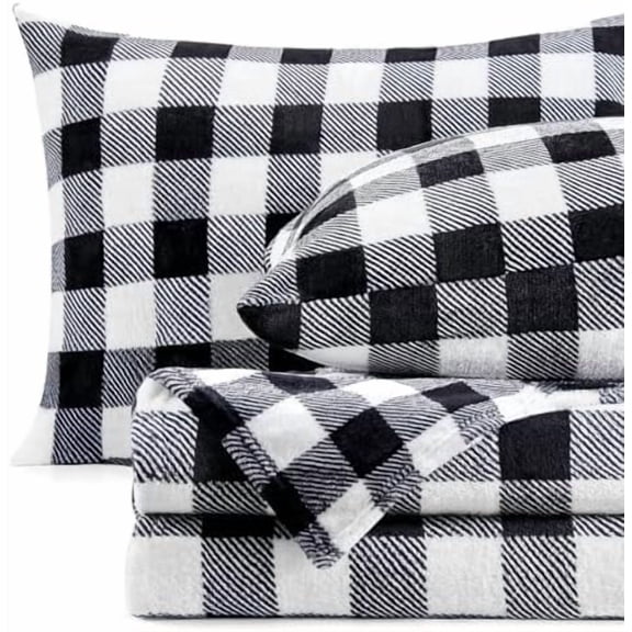 Flannel Sheets Queen Size Bed Set, Luxury Red and Black Plaid Winter Bedding Set, Super Soft & Warm Fuzzy Fleece Sheets 4 Piece(Include Fitted Sheet, Flat Sheet, 2 Pillowcases)