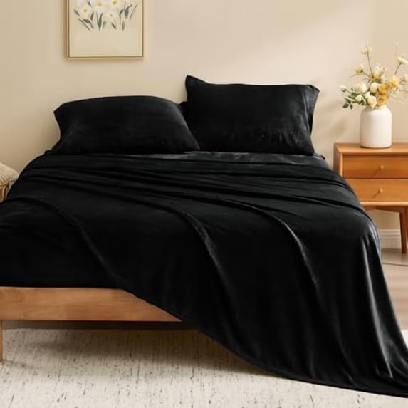 Flannel Sheets Queen Size Black - Super Soft Fleece Sheets Set Fluffy Extra Plush, 4 Piece(Include Fitted Sheet, Flat Sheet, 2 Pillowcases)