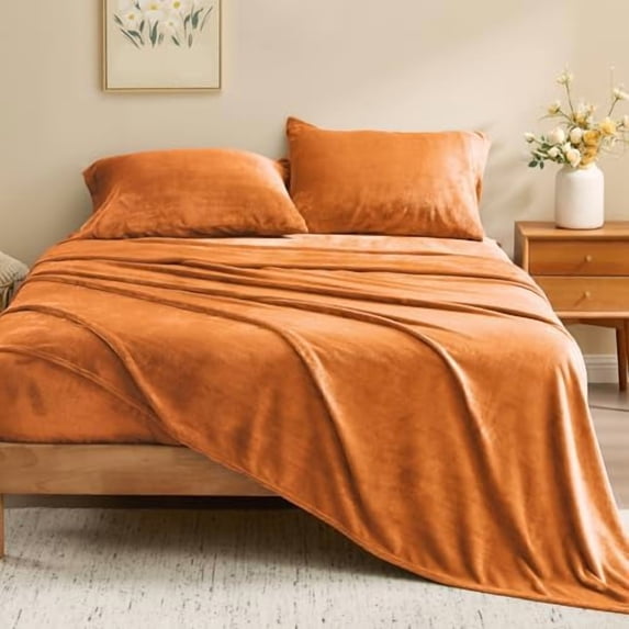 Flannel Sheets Queen Size Burnt Orange - Super Soft Fall Fleece Sheets Set Fluffy Extra Plush, 4 Piece(Include Fitted Sheet, Flat Sheet, 2 Pillowcases)