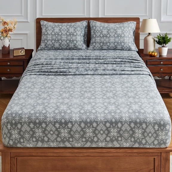 Flannel Sheets Queen Size, Grey Snowflake Warm Sheets Winter Bedding Fuzzy Bed Sheets