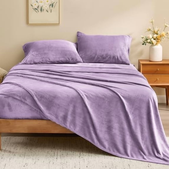 Flannel Sheets Queen Size Lavender - Super Soft Fleece Sheets Set Fluffy Extra Plush, 4 Piece(Include Fitted Sheet, Flat Sheet, 2 Pillowcases)