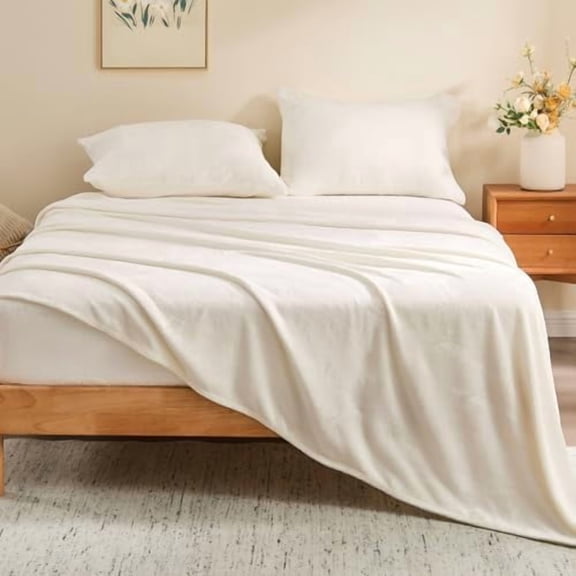 Flannel Sheets Queen Size White - Super Soft Fleece Sheets Set Fluffy Extra Plush, 4 Piece(Include Fitted Sheet, Flat Sheet, 2 Pillowcases)