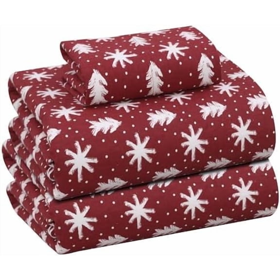 Flannel Sheets Twin Size - 100% Cotton Double Brushed Twin Sheets Set, Deep Pockets 16 Inches, All Seasons Breathable & Extra Soft Bed Sheets, Warm & Cozy, 3 Piece, Red Christmas