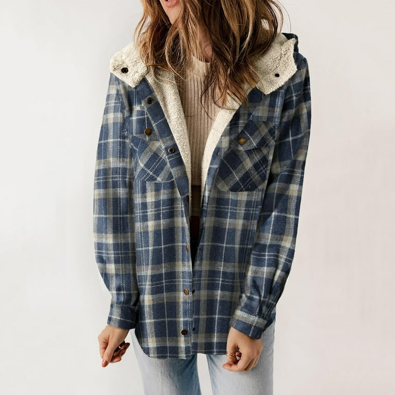 Flannel Shirt Plaid Jackets with Sherpa Fleece Lined Warm Thick Winter Coats for Women Casual Loose Long Sleeve Small Blue