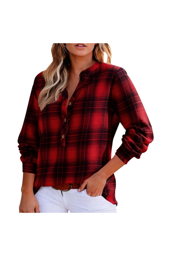 Flannel Shirt Women Button Front V-Neck Pullover Plaid Shirts Christmas Casual Long Sleeve Fall Flannels Tops