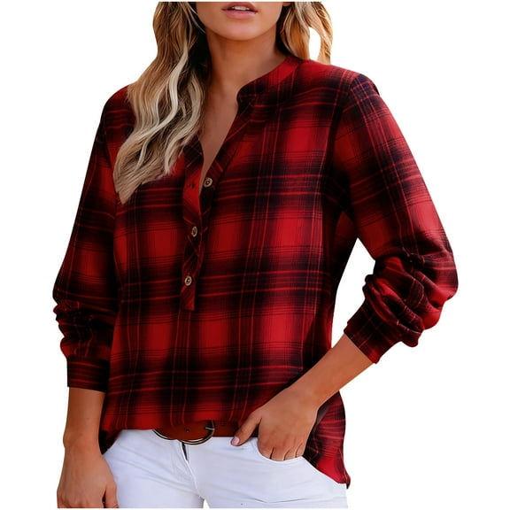 Flannel Shirt Women Button Front V-Neck Pullover Plaid Shirts Christmas Casual Long Sleeve Fall Flannels Tops