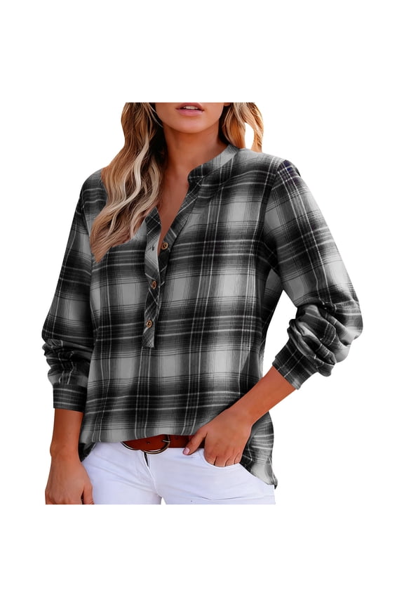 Flannel Shirt Women Button Front V-Neck Pullover Plaid Shirts Christmas Casual Long Sleeve Fall Flannels Tops