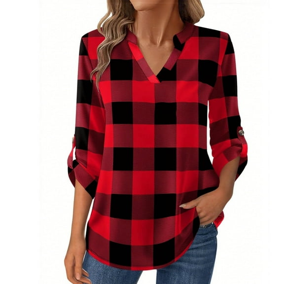 Flannel Shirt Women - Collarless Plaid Shirts for Women Roll up Sleeves V-Neck Pullover Tops Casual Travel Long Sleeve Tunic Tops