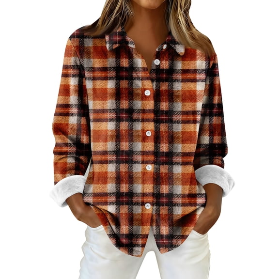 Flannel Shirt Women Long Sleeve Plaid Shackets Business Casual Button Down Shirt Tops Oversized Collared Shirt Jacket Coat OIOLOYJM Orange 2XL