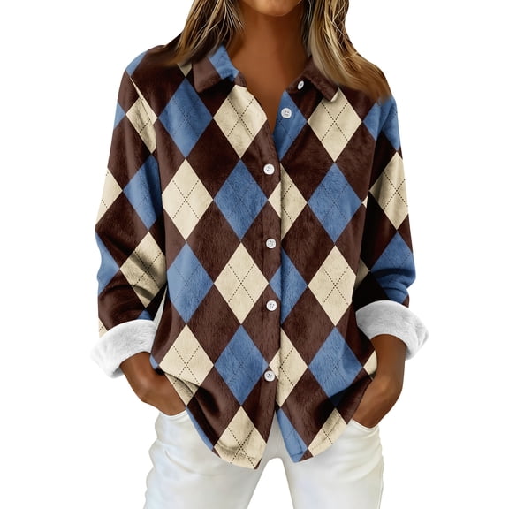 Flannel Shirt Women Long Sleeve Plaid Shackets Business Casual Button-Down Shirt Tops Oversized Soft Shirt Blouses OIOLOYJM Royal Blue M