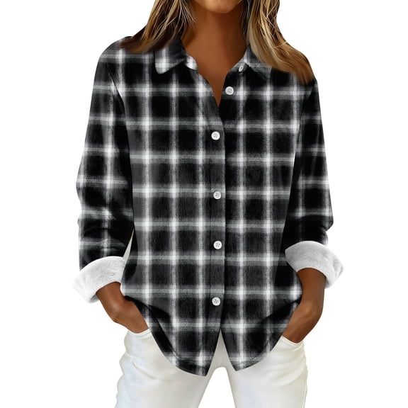 Flannel Shirt Women Long Sleeve Plaid Shackets Business Casual Button Down Work Tops Oversized Rolled Up Blouse Tops OIOLOYJM Black 2XL