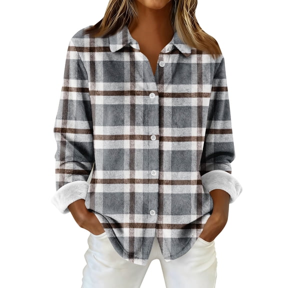 Flannel Shirt Women Long Sleeve Plaid Shackets Casual Button-Down Work Tops Loose Fit Collared Shirt Jacket Coat OIOLOYJM Dark Gray S