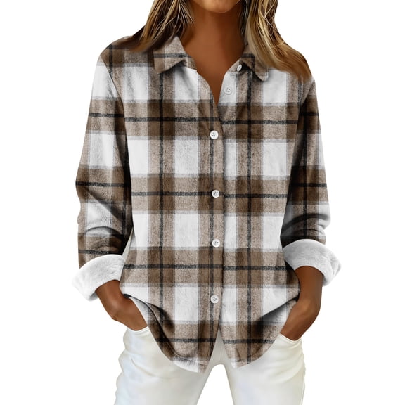 Flannel Shirt Women Long Sleeve Plaid Shackets Casual Button Down Work Tops Loose Fit Trendy Shirt Jacket Coat OIOLOYJM Light Brown L