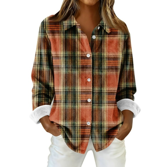 Flannel Shirt Women Long Sleeve Plaid Shirts Business Casual Button-Down Shirt Tops Plus Size Collared Blouse Tops OIOLOYJM Brown L