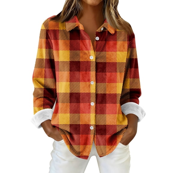 Flannel Shirt Women Long Sleeve Plaid Shirts Business Casual Button Down Work Tops Oversized Rolled Up Blouse Tops OIOLOYJM Saffron 2XL