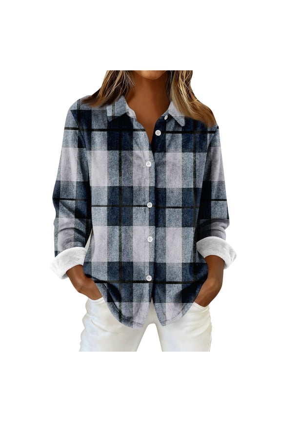 Flannel Shirt Women Long Sleeve Plaid Shirts Business Casual Button Down Work Tops Plus Size Collared Shirt Blouses OIOLOYJM Dark Blue S