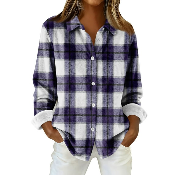 Flannel Shirt Women Long Sleeve Plaid Shirts Casual Button-Down Work Tops Loose Fit Soft Shirt Blouses OIOLOYJM Dark Purple L