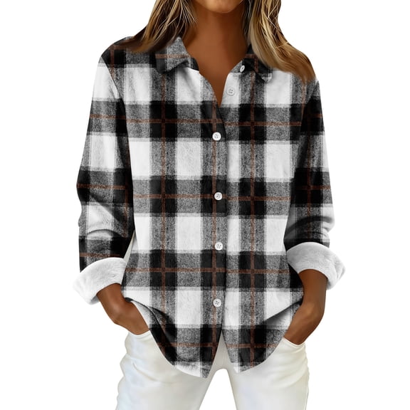 Flannel Shirt Women Long Sleeve Plaid Shirts Casual Button-Down Work Tops Loose Fit Trendy Shirt Jacket Coat OIOLOYJM Black 2XL