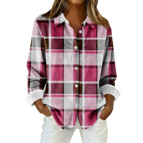 Flannel Shirt Women Long Sleeve Plaid Shirts Casual Button-Down Work Tops Oversized Fashion Shirt Jacket Coat OIOLOYJM Hot Pink M