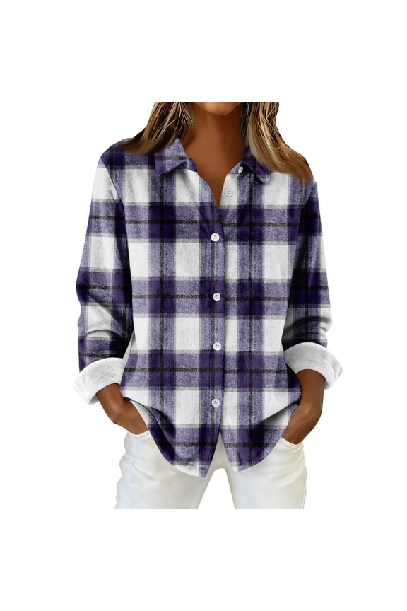 Flannel Shirt Women Long Sleeve Plaid Shirts Casual Button Down Work Tops Plus Size Soft Shirt Jacket Coat OIOLOYJM Dark Purple M