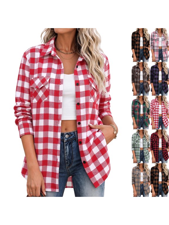 Flannel Shirt Women Plaid Button Down Shackets Long Sleeve Fall Tops | Lightweight Loose Fit Blouse Business Casual Office Outfits 2026 Fashion Western Jacket Red,M