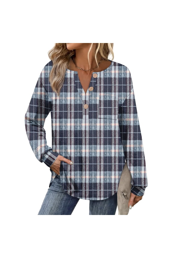 Flannel Shirt Women Plaid Long Sleeve Button Down Henley Shirts Dressy Casual Fall Ladies Tops and Blouses Blue L