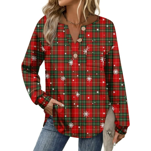 Flannel Shirt Women Plaid Long Sleeve Button Down Henley Shirts Dressy Casual Fall Ladies Tops and Blouses Deep Red L