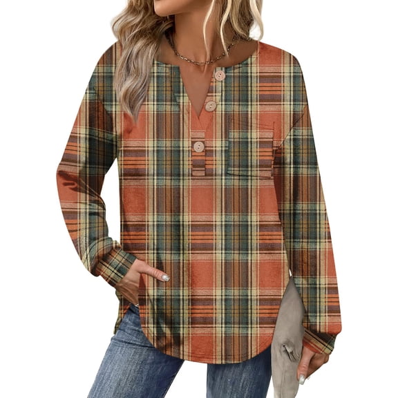 Flannel Shirt Women Plaid Long Sleeve Button Down Henley Shirts Dressy Casual Fall Ladies Tops and Blouses Earthy Yellow 2XL