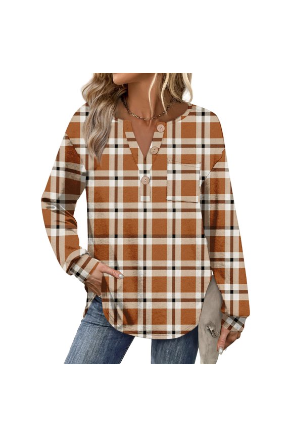 Flannel Shirt Women Plaid Long Sleeve Button Down Henley Shirts Dressy Casual Fall Ladies Tops and Blouses Ginger M