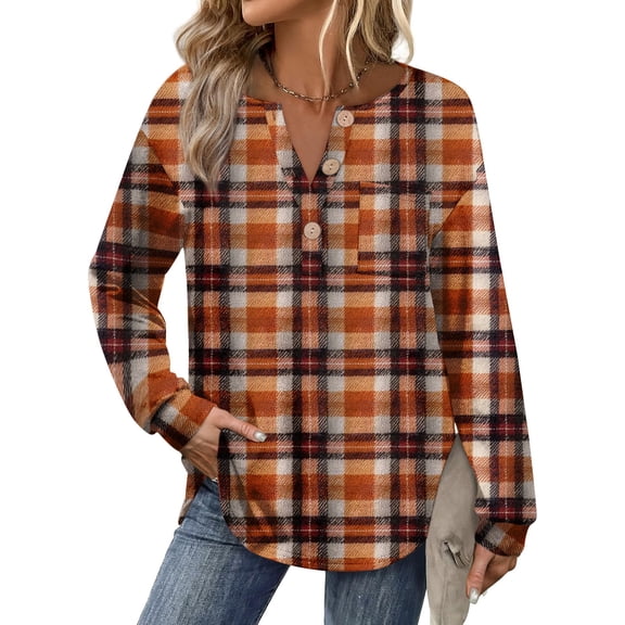 Flannel Shirt Women Plaid Long Sleeve Button Down Henley Shirts Dressy Casual Fall Ladies Tops and Blouses Saffron XL