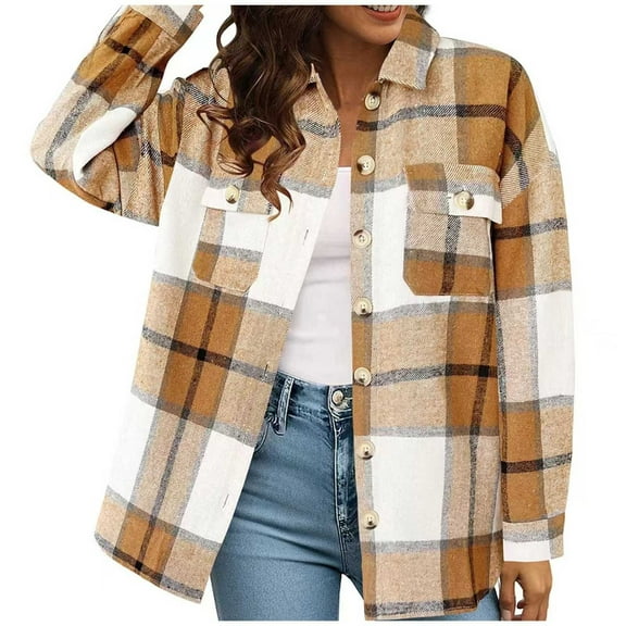 Flannel Shirt Women Plaid Oversized Pockets Long Sleeve Color Blocked Ladies Clothing,Yellow,m
