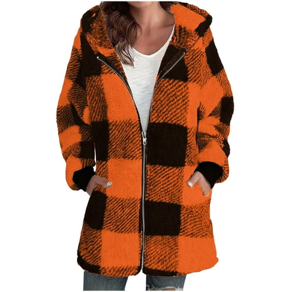 Flannel Shirt Women Plaid Shirts Winter Coat Shackets Jackets Casual Hooded Long Sleeve Jacket Fall Outfits for Women 2025 Orange XXL