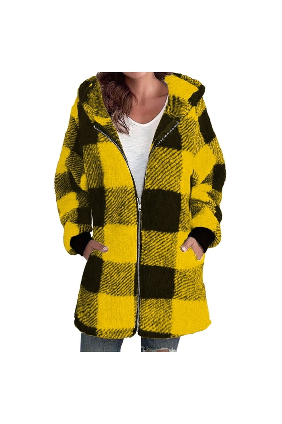 Flannel Shirt Women Plaid Shirts Winter Coat Shackets Jackets Casual Hooded Long Sleeve Jacket Fall Outfits for Women 2025 Yellow M