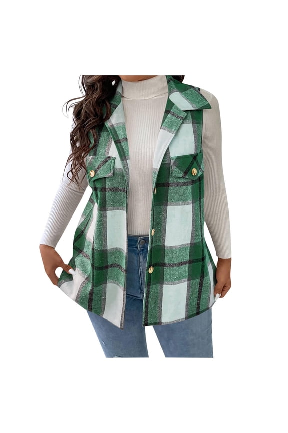 Flannel Shirt Women Plaid Vest Sleeveless Jacket Casual Lapel Button Down Shirts Checkered Vests Midi Trench Coat