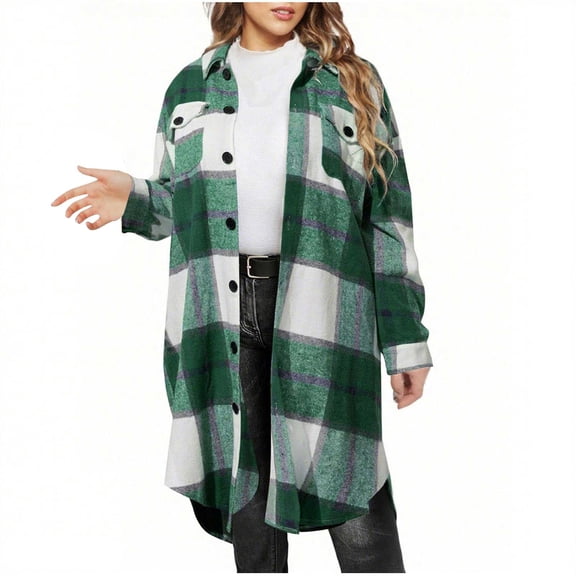 Flannel Shirt Women, Yigetop Flannel Shirt Women Plaid Jacket Womens Shacket Casual Lapel Button Down Long Sleeve Trench Coat Warm Winter Jackets Plaid Jacket for Woman Blackish Green L