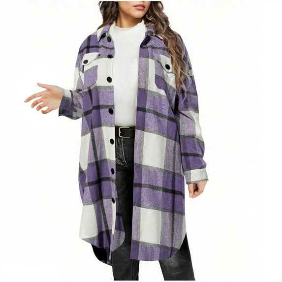 Flannel Shirt Women, Yigetop Flannel Shirt Women Plaid Jacket Womens Shacket Casual Lapel Button Down Long Sleeve Trench Coat Warm Winter Jackets Plaid Jacket for Woman Purple S