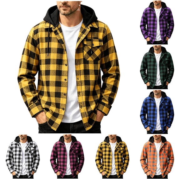 Flannel Shirt for Men Casual Long Sleeve Button Plaid Shirts Jackets Hooded Tops with Pocket for Outdoor Daily Wear