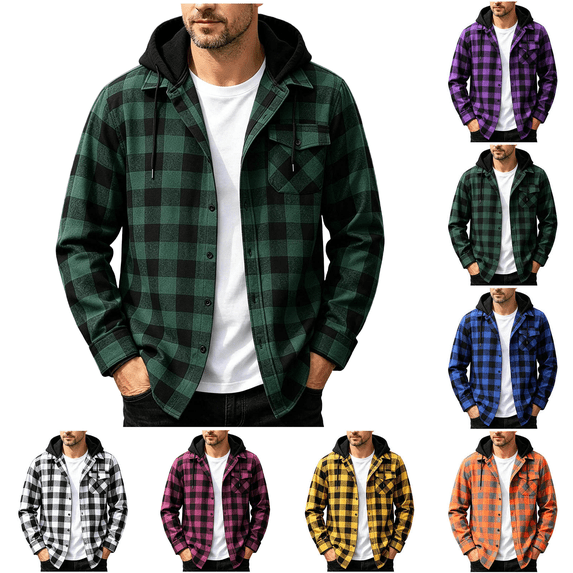 Flannel Shirt for Men Casual Long Sleeve Button Plaid Shirts Jackets Hooded Tops with Pocket for Outdoor Daily Wear