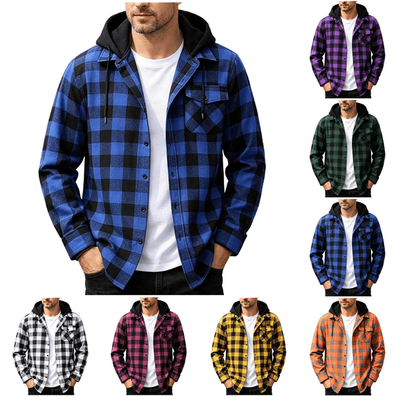 Flannel Shirt for Men Casual Long Sleeve Button Plaid Shirts Jackets Hooded Tops with Pocket for Outdoor Daily Wear