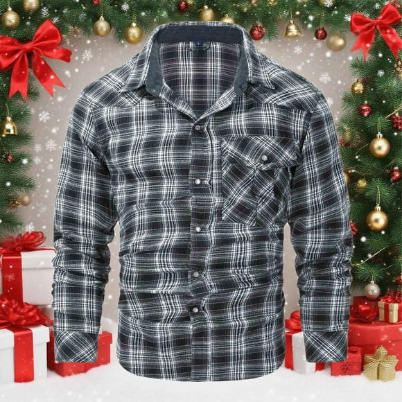 Flannel Shirt for Men Pearl Snap Shirts Long Sleeve Vintage Casual Buttons Down Plaid Tops with Front Pocket (XXL, Gray)