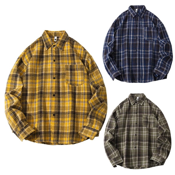 Flannel Shirt for Men Plaid Long Sleeve Button Down Lapel Tops Oversized Loose Comfortable Mens Shirts Yellow XXXL