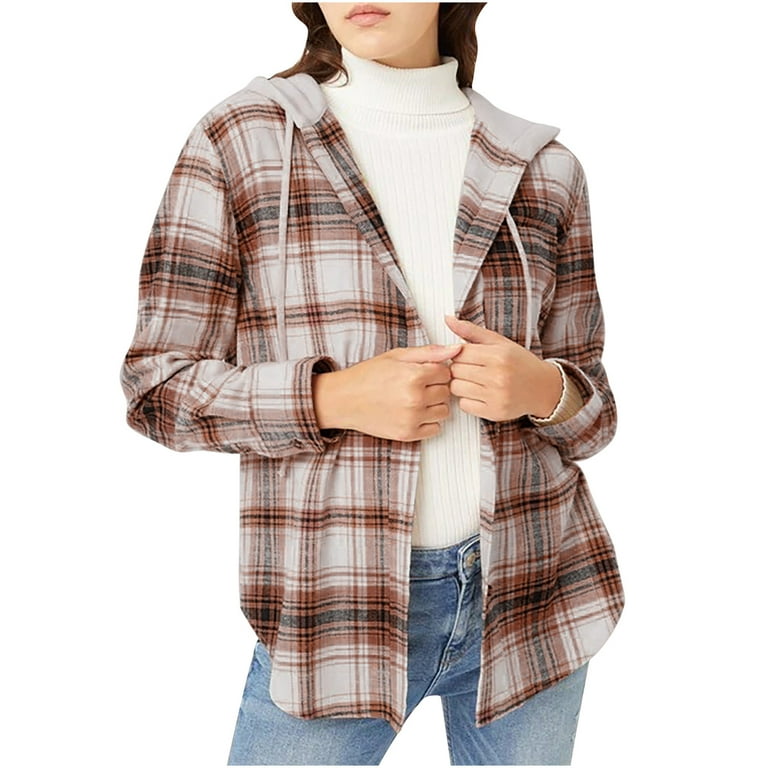 Flannel Shirt for Women Plaid Hooded Shacket Jacket Coat Women's Long Sleeve Drawstring Hoodie Jacket - Walmart.com